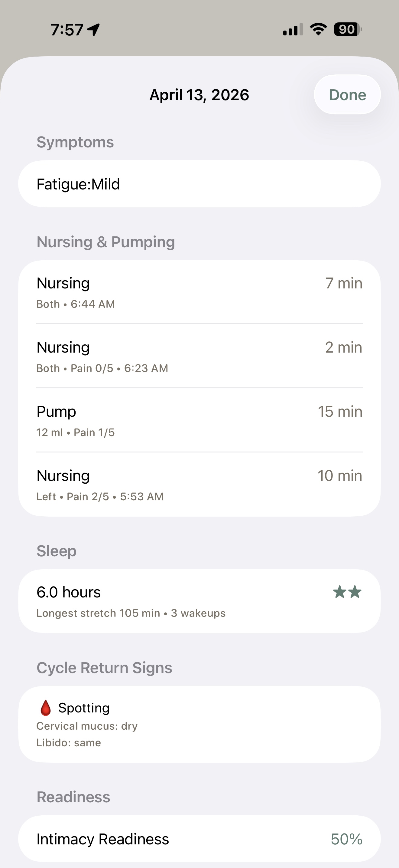 Quick log buttons, recovery status, cycle return watch, and today's activity